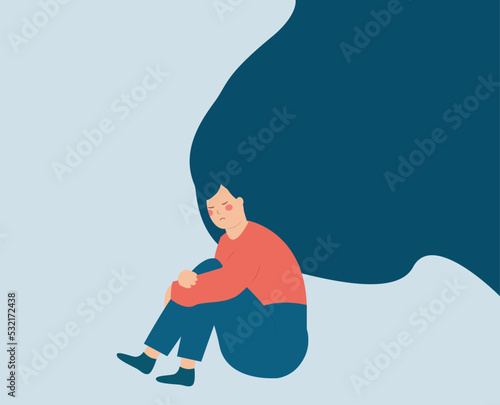 Sad woman with flying hair suffers from depression and stress. Lonely girl sitting and hugging her knees. Mental health illness and psychological problems concept. Vector illustration
