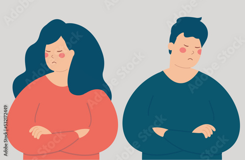 Young woman and man on the brink of breakup or divorce. Heartbroken sad couple. Two friends argue and quarrel look sad. Relationship difficulty, family crisis concept. Vector illustration