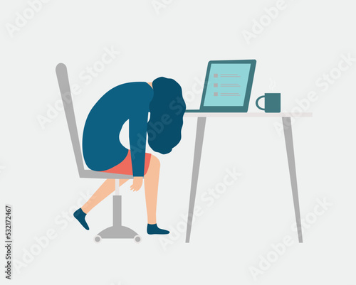 Exhausted woman feeling tired and sick at the office. Female manager sitting with head down on laptop due to stress, burnout and pressure. Professional burnout syndrome concept. Vector illustration.
