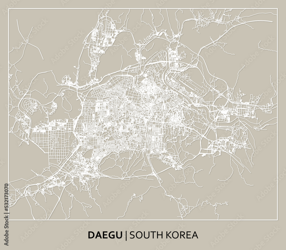 Daegu (Yeongnam, South Korea) street map outline for poster, paper cutting.