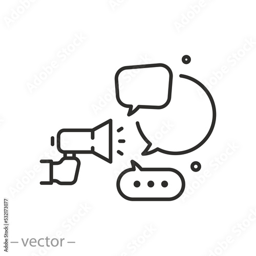 announce information icon, communication from loudspeaker, speech for public, propaganda from megaphone, thin line symbol on white background - editable stroke vector illustration