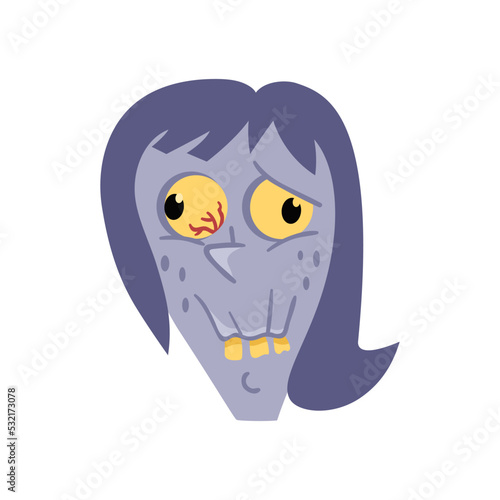 Female zombie icon in cartoon style. Halloween undead sign, horror monster head avatar, zombie character vector illustration