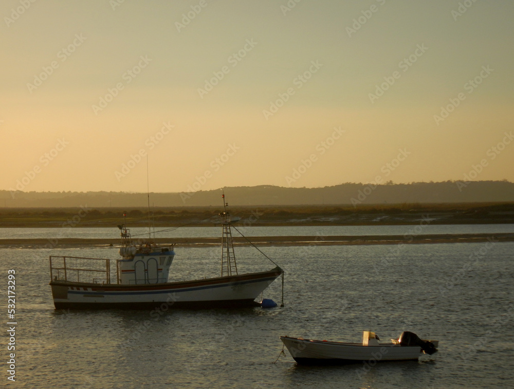 Boats on the shore at sunset