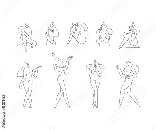 Contemporary female body, vector illustration set. Nude woman silhouette in abstract pose, feminine figure graphic design. Line art, editable strokes. Beauty, body care concept for logo. Modern art