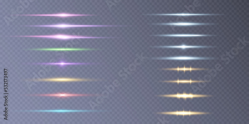 Set of purple horizontal highlights of abstract glowing stars and twinkles. Vector.