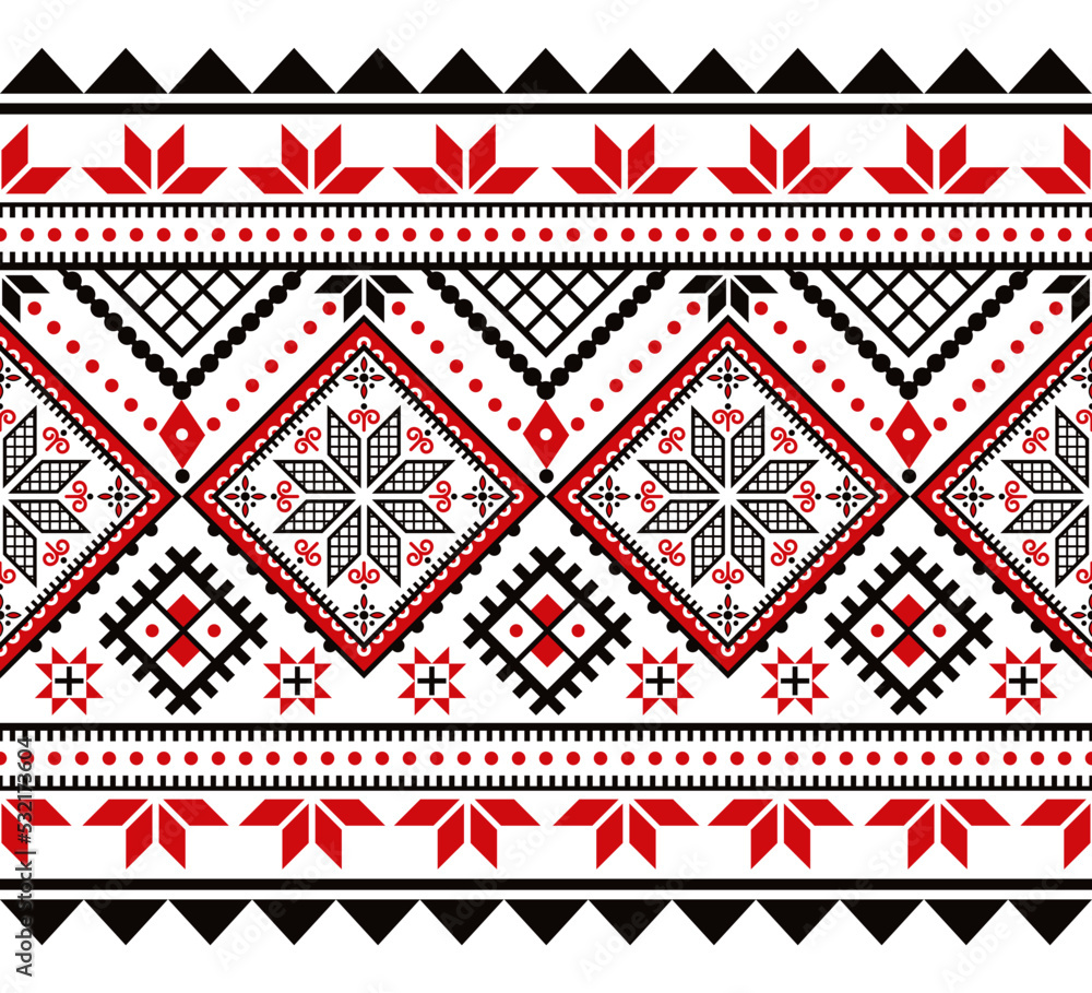 Ukrainian seamless vector pattern - Hutsul Pysanky (Easter eggs) folk art style design with stars and geometric shapes
