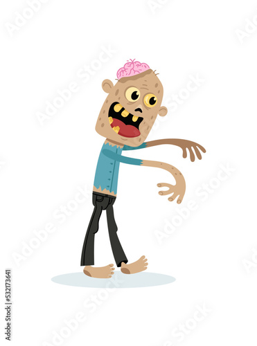 Walking dead character in cartoon style. Halloween zombie horror fantasy element, undead monster personage, zombie apocalypse vector illustration.