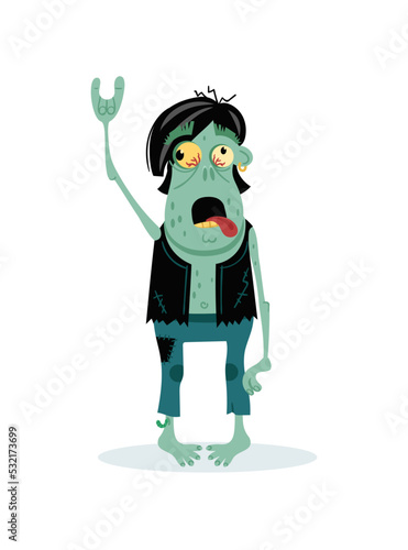 Punk rocker zombie character in cartoon style. Halloween zombie horror fantasy element, undead monster personage, zombie apocalypse vector illustration.
