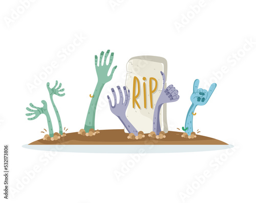 Undead monsters heads on cemetery sign in cartoon style. Zombie hands sticking out from ground, zombie apocalypse concept, walking dead vector illustration.