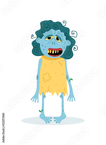 Funny blue female zombie character in cartoon style. Halloween zombie horror fantasy element, undead monster personage, zombie apocalypse vector illustration.