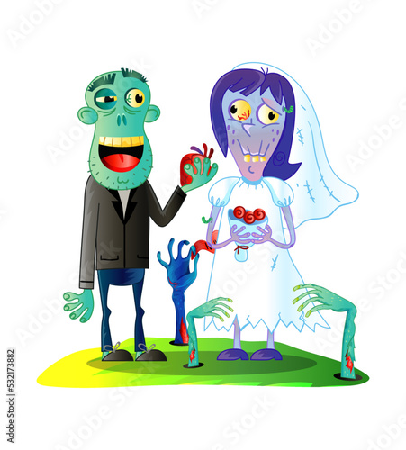 Zombies wedding with funny married zombie couple in cartoon style. Undead monster personage, cute zombie love concept vector illustration.