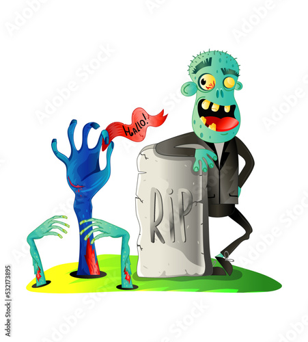 Smiling zombie monster on graveyard in cartoon style. Halloween undead sign, horror undead personage, walking dead man vector illustration