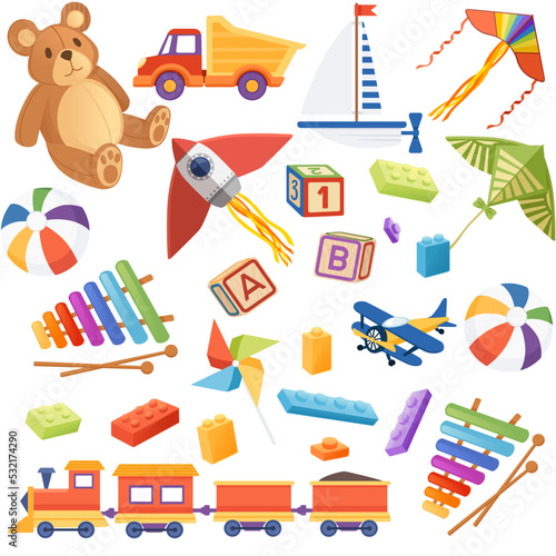 Seamless pattern collection of children toys soft and plastic material color vector illustration on white background