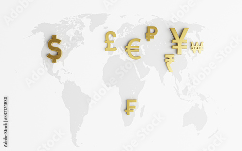 World map on and international currency sign include dollar euro yen yuan pound sterling for money transfer and trade forex concept ,Element of this image from NASA and 3d render. photo