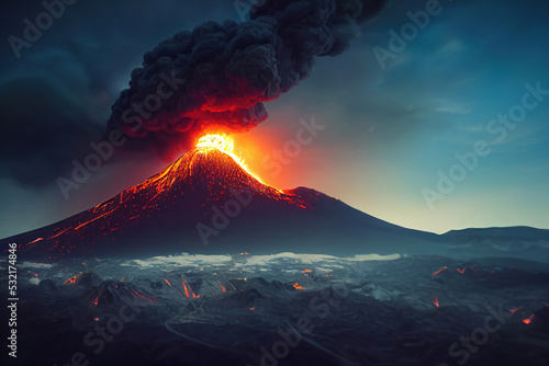 volcano eruption with lava and smoke, 3d render, 3d illustration