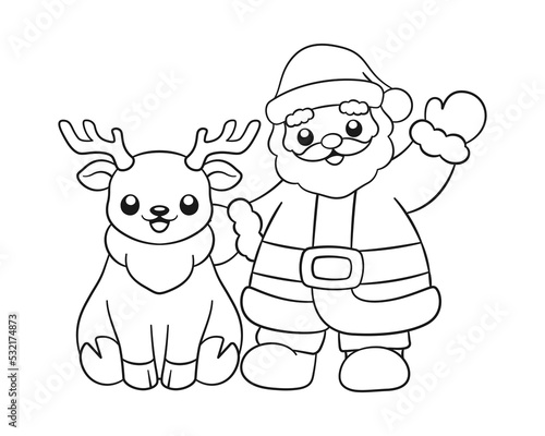 Santa with reindeer outline line art doodle cartoon illustration. Winter Christmas theme coloring book page activity for kids and adults.