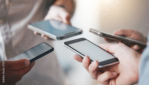 Photos Hands of people in circle on smartphone, phone or cellphone communication sharing 5g data email