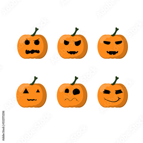 Happy halloween concept. pumpkins on a white background. pumpkins six emotion or face. cartoon pumpkins, halloween, pumpkin, icon, orange.
