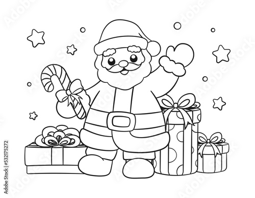 Santa Claus with gifts and candy cane outline line art doodle cartoon illustration. Winter Christmas theme coloring book page activity for kids and adults.