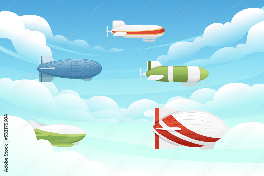Fototapeta premium Commercial airship flying in sky rigid airship vector illustration on cloud sky background