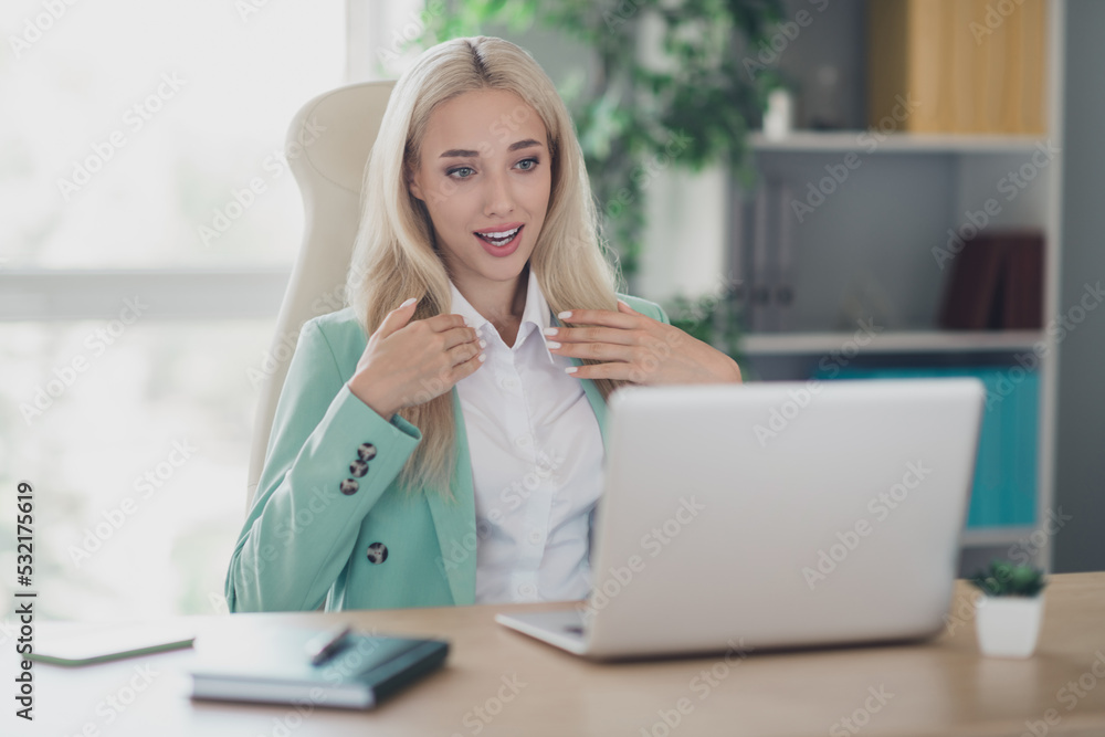 Portrait of pretty positive banker lady sitting chair speak communicate video call netbook workplace indoors Portrait of pretty positive banker lady sitting chair speak communicate video call netbook workplace indoors