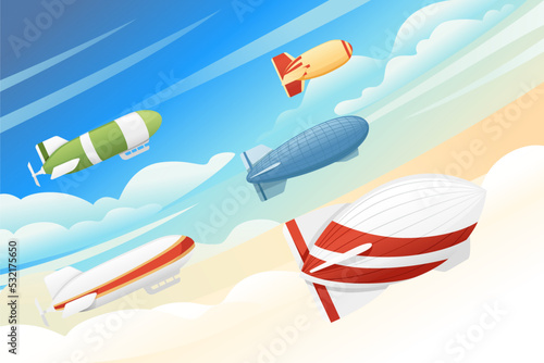 Commercial airship flying in sky rigid airship vector illustration on cloud sky background