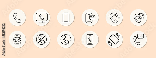 Call set icon. Handset, silent mode, phone number, speech bubble, network, tick, cross, location, message, speech bubble. Contact us concept. Pastel color background. Vector line icon for Business
