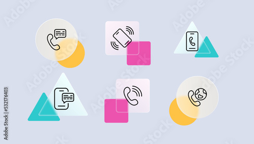 Call set icon. Handset, silent mode, phone number, speech bubble, network, tick, cross, globe, message, speech bubble. Contact us concept. Glassmorphism style. Vector line icon for Business