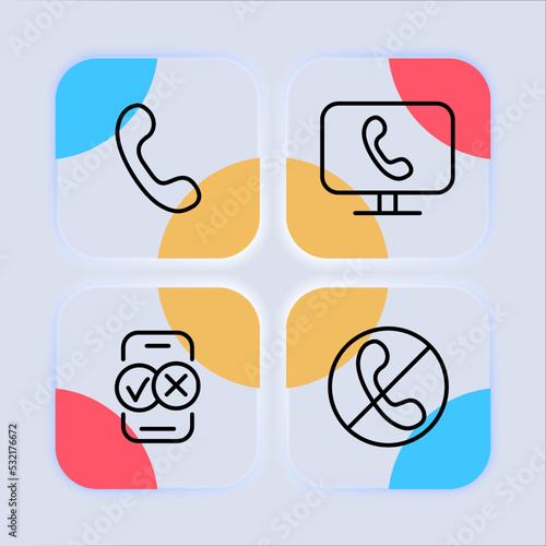 Call set icon. Handset, silent mode, phone number, speech bubble, network, tick, cross, monitor, message, speech bubble. Contact us concept. Neomorphism style. Vector line icon for Business