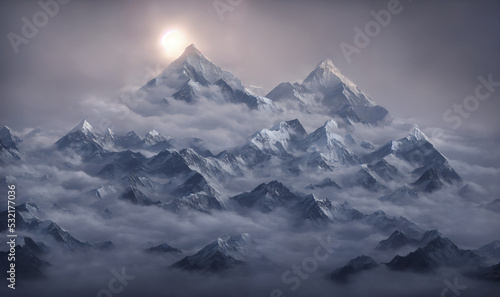 View of the Himalayas during a foggy sunset night - Mt Everest visible through the fog with dramatic and beautiful lighting © Josh
