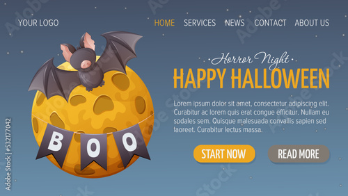 Bat and full moon. Garland of flags with the text Boo. Happy Halloween. Horizontal template for website interface. Vector illustration. For store, sale