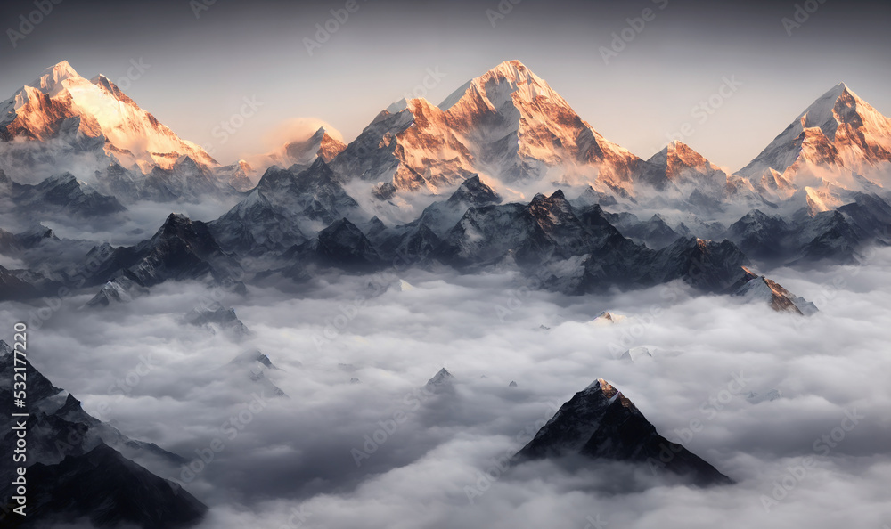 View of the Himalayas during a foggy sunset night - Mt Everest visible through the fog with dramatic and beautiful lighting - obrazy, fototapety, plakaty 