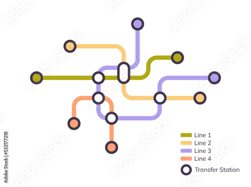 Scheme of metro stations and plan of subway with colorful lines, fictional metro map of underground, layout of public passenger transport routes, subway train tracks plan flat vector illustration.