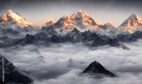 Tela View of the Himalayas during a foggy sunset night - Mt Everest visible through t