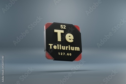 Beautiful abstract illustrations Standing black and red Tellurium element of the periodic table. Modern design with golden elements, 3d rendering illustration. Blue gray background.