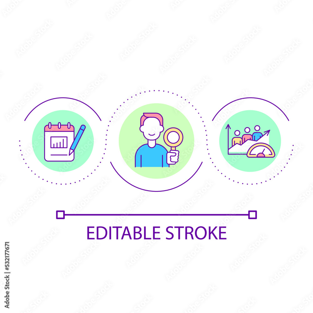 Analysing corporate data loop concept icon. Study efficiency of work. Business research abstract idea thin line illustration. Isolated outline drawing. Editable stroke. Arial font used Analysing corporate data loop concept icon. Study efficiency of work. Business research abstract idea thin line illustration. Isolated outline drawing. Editable stroke. Arial font used