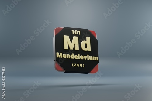Beautiful abstract illustrations Standing black and red Mendelevium  element of the periodic table. Modern design with golden elements, 3d rendering illustration. Blue gray background.