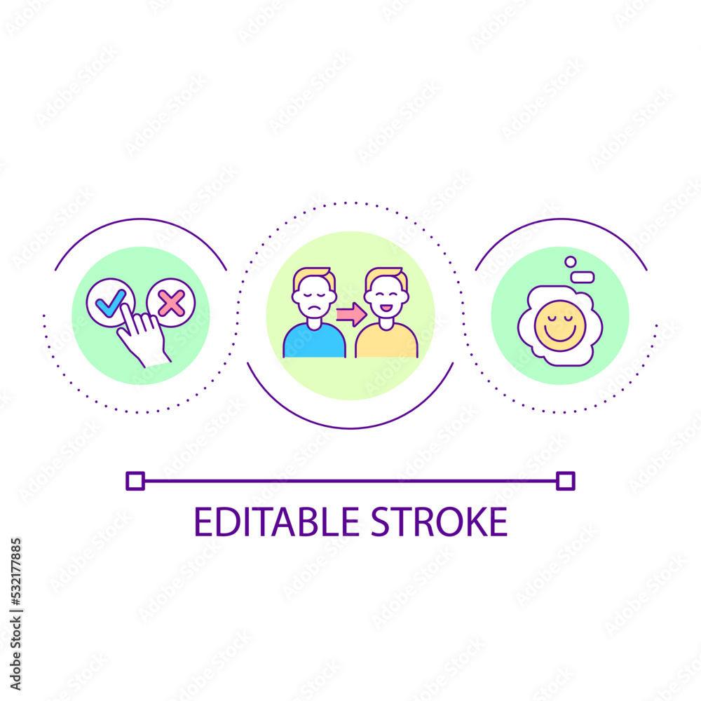 Changing mental state loop concept icon. Positive experience sharing. Emotions impact on life abstract idea thin line illustration. Isolated outline drawing. Editable stroke. Arial font used Changing mental state loop concept icon. Positive experience sharing. Emotions impact on life abstract idea thin line illustration. Isolated outline drawing. Editable stroke. Arial font used
