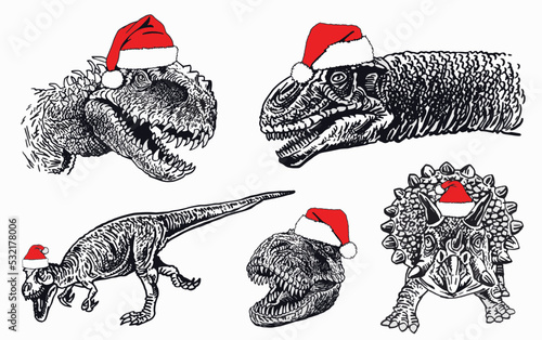 Graphical set of dinosaurs in Santa Claus hats isolated on white background,vector illustration. Christmas  elements