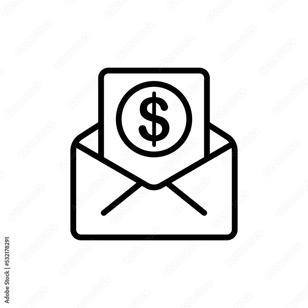 Paid mail line icon. Letter, envelope, dollar, coin, addressee, sender correspondence, letters, send message. Communication concept. Vector black line icon on a white background Paid mail line icon. Letter, envelope, dollar, coin, addressee, sender correspondence, letters, send message. Communication concept. Vector black line icon on a white background