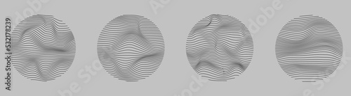 Set of wavy spheres with lines. Abstract geometric shapes