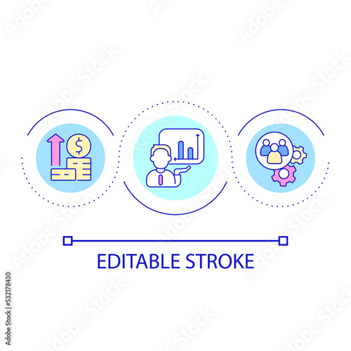 Financial consultant work loop concept icon. Analysing company finances. Business support abstract idea thin line illustration. Isolated outline drawing. Editable stroke. Arial font used