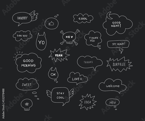 Cute hand drawn doodle vector set speech bubbles with dialog words love, kiss, hug, sweet, honey. Isolated on black background