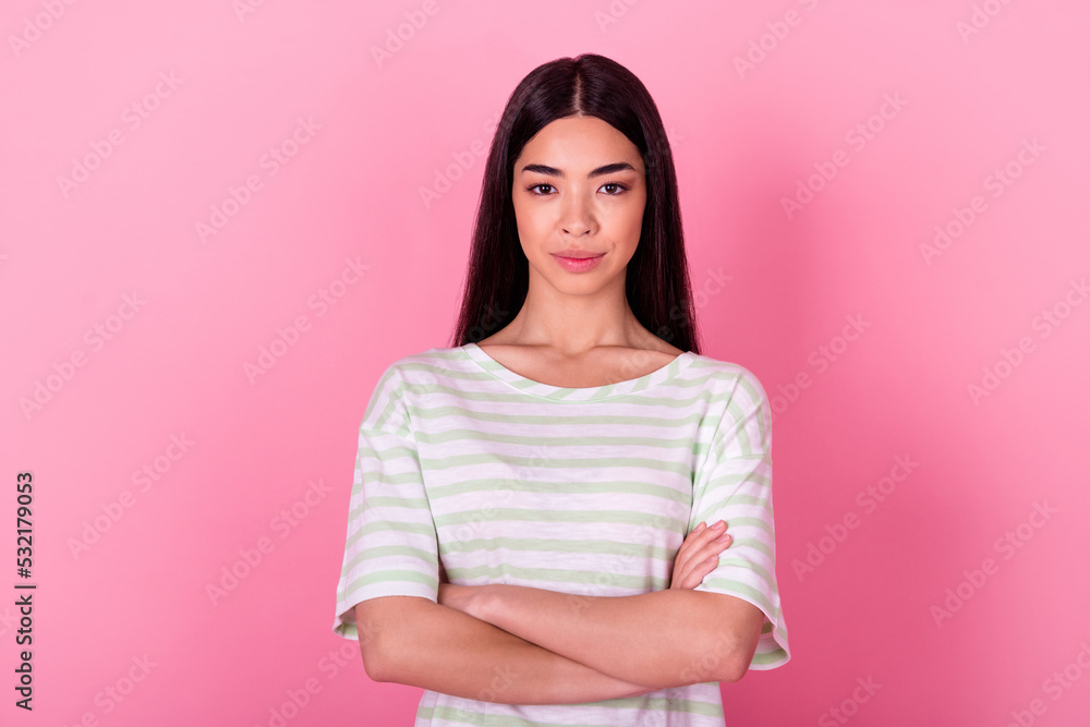Photo of gorgeous nice filipino girl folded hands calm smile isolated on pink color background