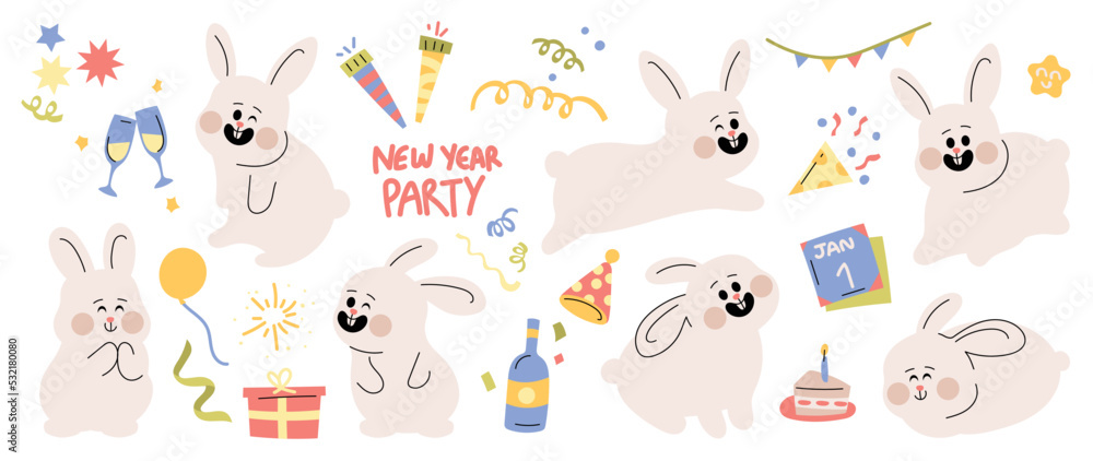 Set of cute white rabbit element vector. Adorable bunny with different poses, firework, balloon, party hat, cake. Collection of animal and new year party element design for decorative, card, kids.
