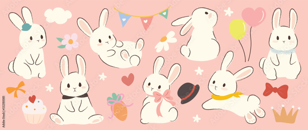 Set of cute white rabbit element vector. Adorable bunny with different poses, carrot, balloon, ribbon, flowers. Collection of animal and many characters hand drawn design for decorative, card, kids.