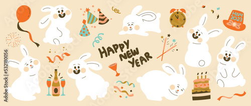 Fototapeta Naklejka Na Ścianę i Meble -  Set of cute white rabbit element vector. Adorable bunny with different poses, firework, balloon, party hat, cake. Collection of animal and new year party element design for decorative, card, kids.