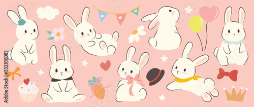 Set of cute white rabbit element vector. Adorable bunny with different poses, carrot, balloon, ribbon, flowers. Collection of animal and many characters hand drawn design for decorative, card, kids. photo
