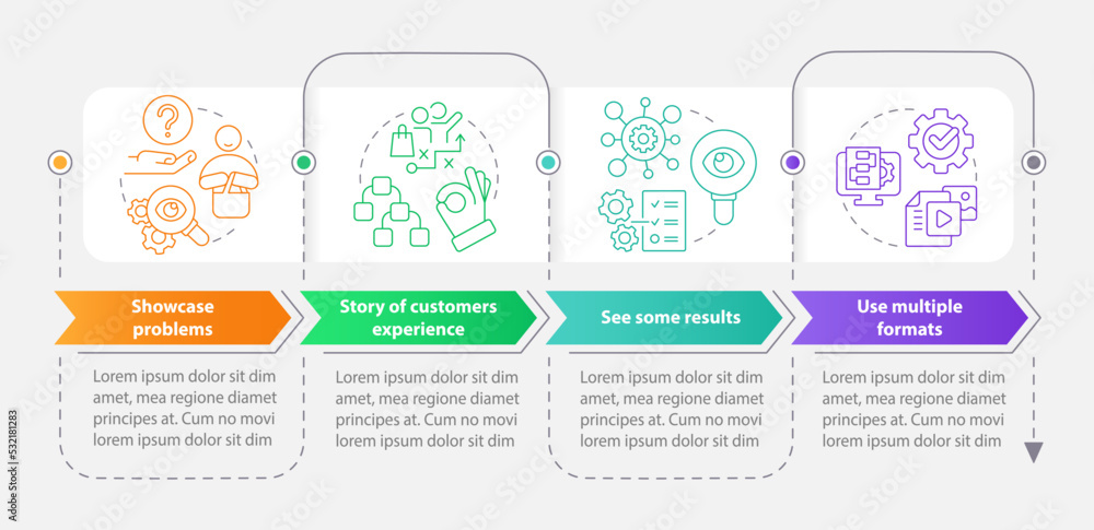 Elements of case study rectangle infographic template. Structure. Data visualization with 4 steps. Editable timeline info chart. Workflow layout with line icons. Myriad Pro-Bold, Regular fonts used Elements of case study rectangle infographic template. Structure. Data visualization with 4 steps. Editable timeline info chart. Workflow layout with line icons. Myriad Pro-Bold, Regular fonts used