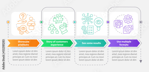 Elements of case study rectangle infographic template. Structure. Data visualization with 4 steps. Editable timeline info chart. Workflow layout with line icons. Myriad Pro-Bold, Regular fonts used